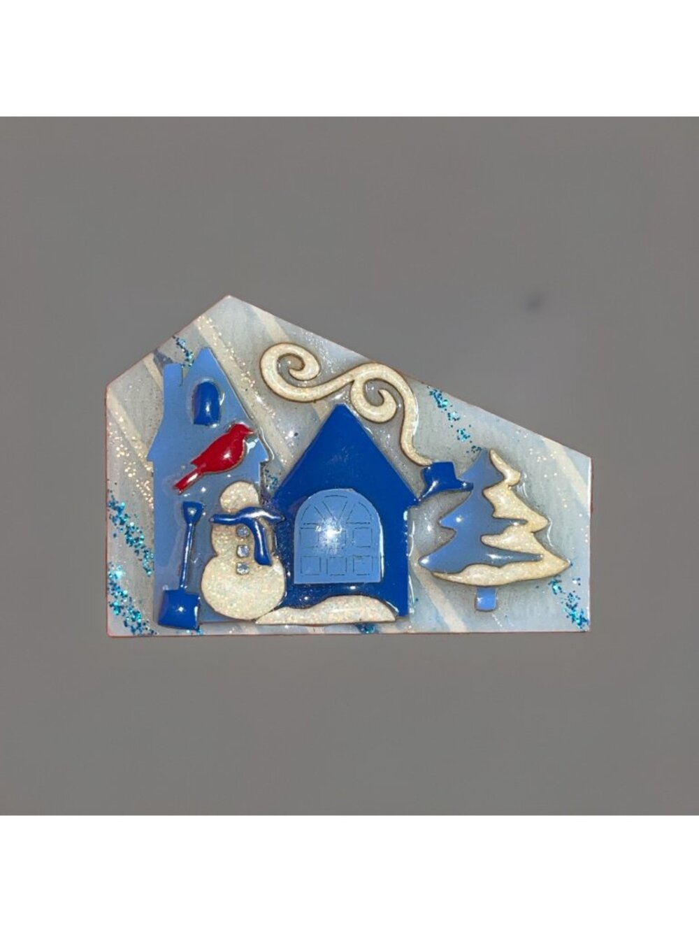Vintage Lucinda House Pin Brooch Christmas Snowman Winter Blue HTF